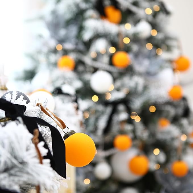 Sea Team 25-Pack Flocked Velvet Christmas Tree Ball Ornaments Set, Hanging Velour Baubles, Shatterproof Plastic Decorations for Xmas Tree, Wreath, Garland, 60mm/2.36 Inches, Orange