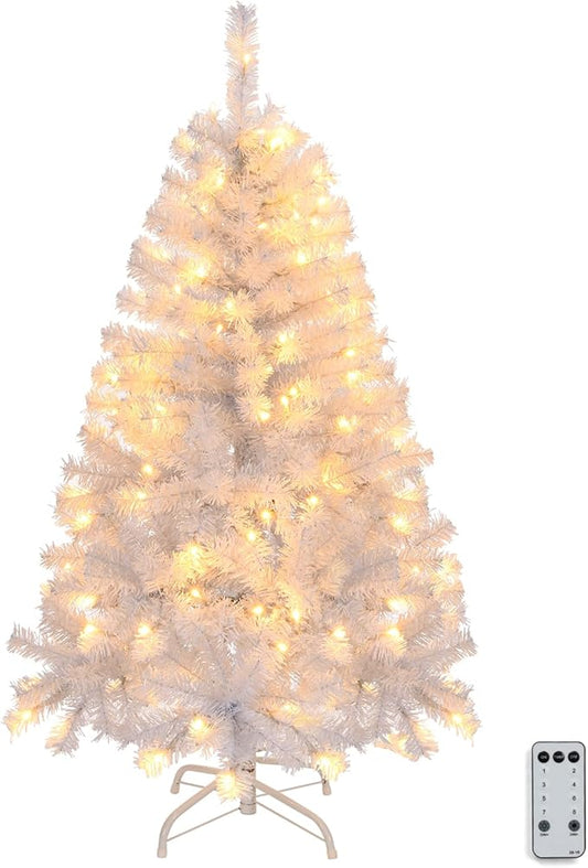 VINGLI 4ft White Artificial Christmas Tree with 140 Warm White Lights, 8 Lighting Modes, 346 Full Tips Branches, Sturdy Metal Stand, Pre-Lit Xmas Tree for Holiday & Party Decorations