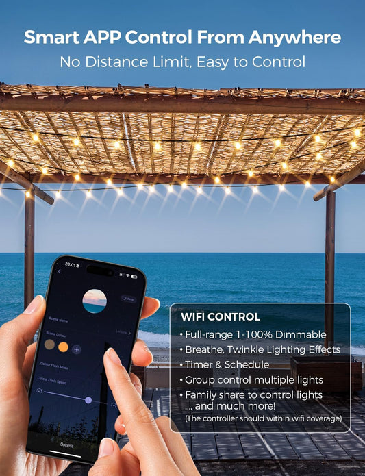 XMCOSY+ Smart Outdoor String Lights, 150Ft G40 Globe Patio Lights with 75 LED Bulbs, WiFi & APP Control, Work with Alexa, Extendable Waterproof Dimmable LED String Lights for Outside, Porch, Cafe