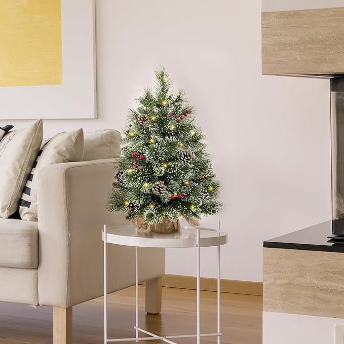 24" Mini Christmas Trees with Flocked Pine Needles, Pine Cones, Berries Decoration, 2 Ft Decorated Burlap Trees with 25 Led Lights, Kitchen Tabletop Artificial Pre Lit Christmas Tree