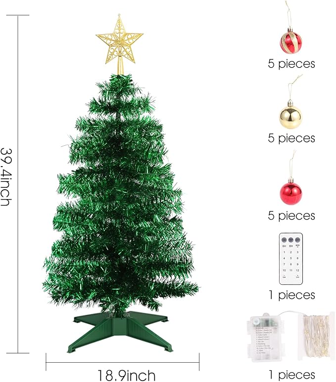 3Ft Christmas Tree with Lights, Table Christmas Tree with 50 LED 12 Modes, 3D Star, 15 Hanging Ball Ornaments, Small Prelit Xmas Tree for Tabletop, Home and Office (Green)