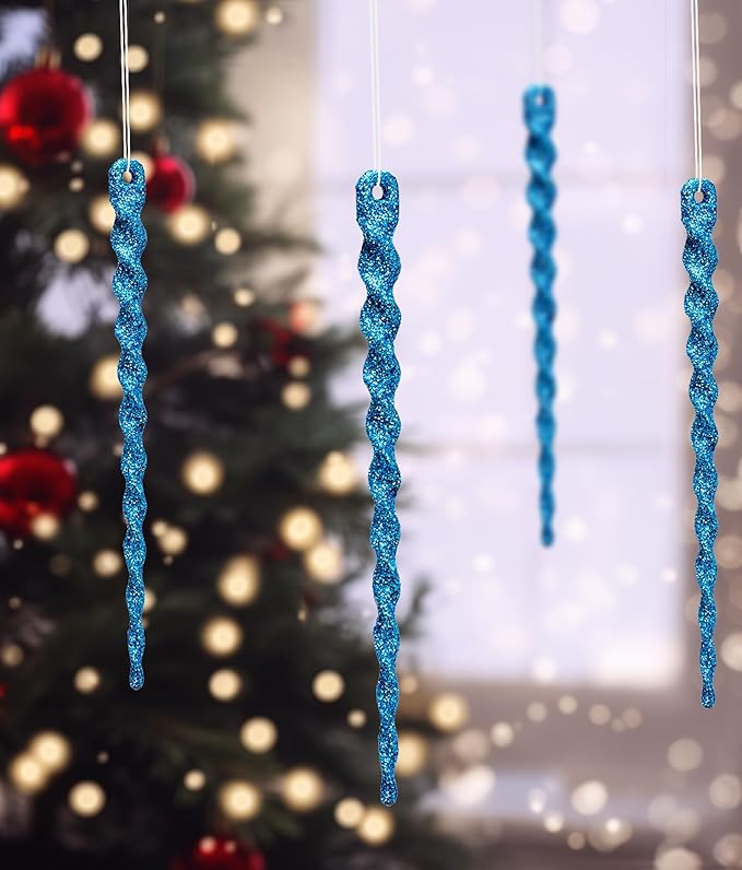 AMS Sparkling Glitter Plastic Icicle Ornaments 30 PCS Twisted Icicles Decoration Christmas Tree and Holiday Xmas Party Hanging (5.1'', Blue)
