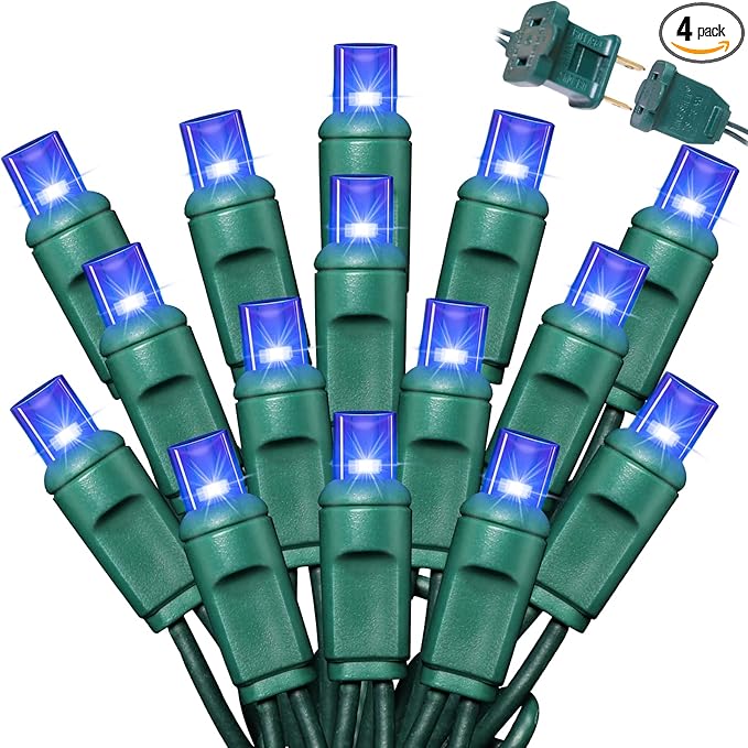LAMPHOME 200LED (4pk of 50L) String Lights, LED Christmas Lights, 6" SPACING,Green Wire,Blue