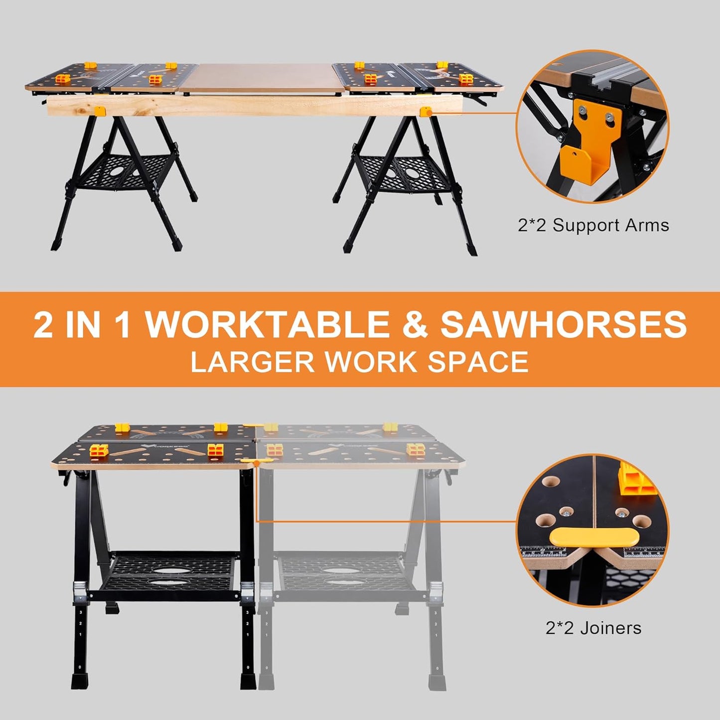 Portable Workbench & Sawhorse, 1000Lbs Capacity Heavy Duty Folding Work Table, 23.6"-36" Adjustable Height with 2 Quick Clamps, 4 Bench Dogs, 2 x 4 Support Arms for Garage