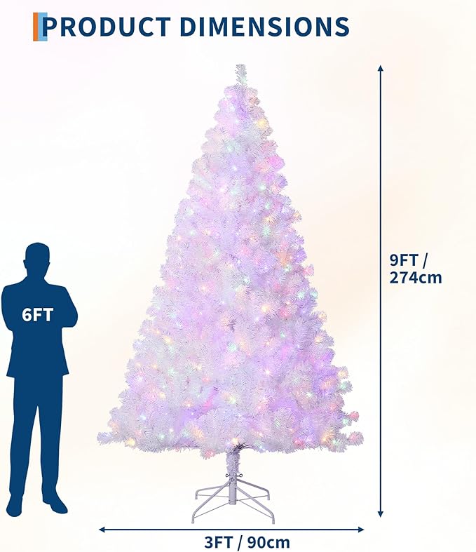 GAOMON 9Ft Prelit Christmas Tree, White Tinsel Christmas Tree with 800 Warm White Led Lights & Sturdy Stand, Sparkle Xmas Decorations for Homes Offices, Parties, White