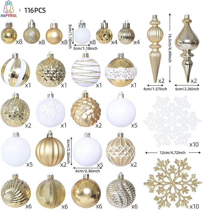 Christmas Tree Ornaments Decorations Set-116ct 1.18-6.5 Inch Assorted White Gold Shatterproof Decorative Hanging Christmas Ball Ornaments Bulk,Xmas Tree Tabletop Decorations for Holiday Decor