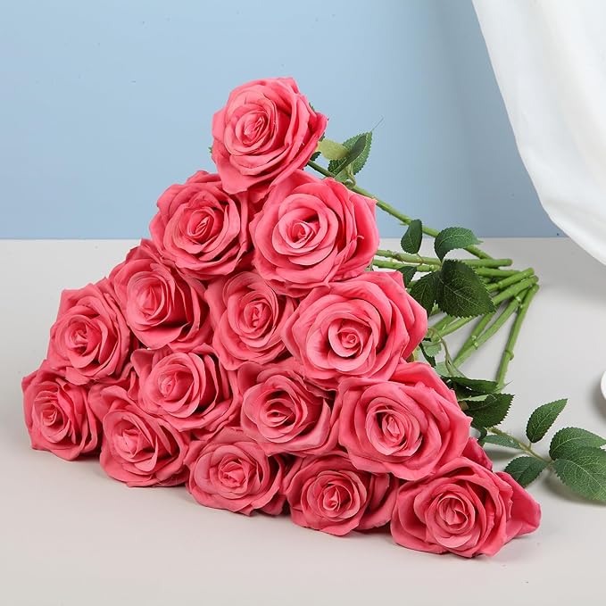 15pcs Fake Roses Artificial Silk Flowers Faux Rose Flower Long Stems Bouquet for Arrangement Wedding Centerpiece Party Home Kitchen Decor