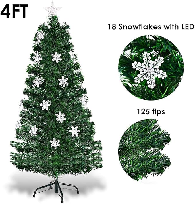 Happygrill 4FT Fiber Optic Artificial Christmas Tree, Pre-lit Xmas Tree Artificial Green Christmas Tree with Star Lights, Metal Stand, Full Xmas Tree for Holiday Decoration