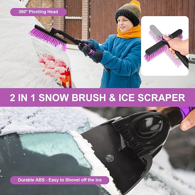 YOUGFIN Ice Scraper with Snow Brush Detachable for Car Windshield 33 Inch, 2 In 1 Extendable Window Scraper & Foam Snow Removal Brush for SUV, Heavy Duty Snow Cleaner for Truck Van, 360° Pivoting Head