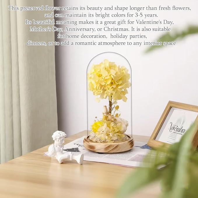 Preserved Flowers with LED Light, Yellow Hydrangea Tree and Rose,Wood Base,Christmas Rose Gifts for Valentine's Day, Mother's Day, Anniversary,for Mom Grandma Wife Friend Used as for Occasions