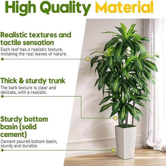 Artificial Dracaena Tree Indoor, 5FT Tall Fake Tree with White Tall Planter, Artificial Tree Fake Yucca Potted Tree for Home Office Living Room Decor, Tall Artificial Plant for Housewarming