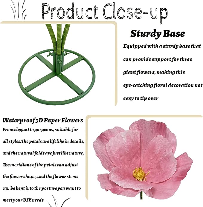 3Pcs Giant Flowers for Decoration, Large Artificial Flower Indoor Outdoor Decor Waterproof Paper Flowers for Wedding Reception Birthday Graduation Party Backdrop Decor Shop Window Display (Pink)