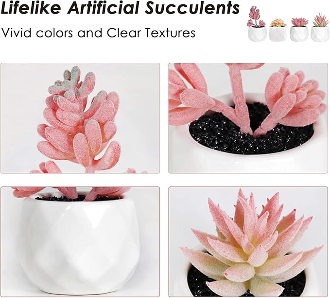 Tiita Artificial Faux Succulents in Pots, Pink Fake Plants Ceramic Arrangement Planter for Women Desk Small Mini Tiny Decoration for Home Office Desk Window 4 Set, Pink