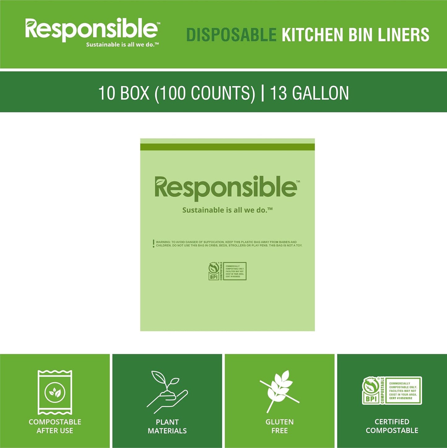 Kitchen Bin Liners, Certified Compostable, Heavy Duty Multipurpose Food Scrap Bags, Made from Compostable Materials (13 Gallon Drawstring, 13 Gallon (100 Count))