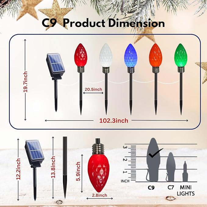 IDEAALS 10 Pack Jumbo Multicolor Solar C9 Christmas Lights Outdoor，LED Solar Pathway Lights Waterproof, Strawberry Light Christmas Decorations Outdoor for Walkway Party Patio Garden Lawn Yard Decor