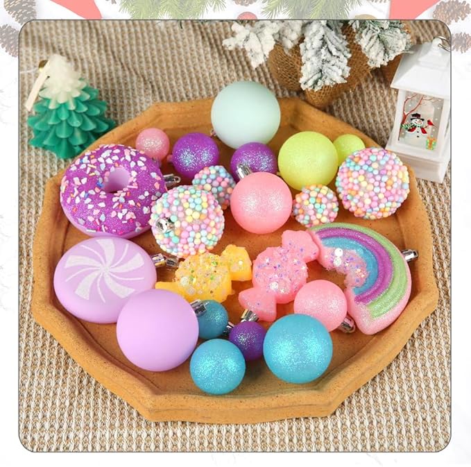 Christmas Tree Ornaments Set - 40 Pack Shatterproof Pink, Yellow, Light Green Xmas Decorations for Home, Holiday Party, Centerpiece, Garland