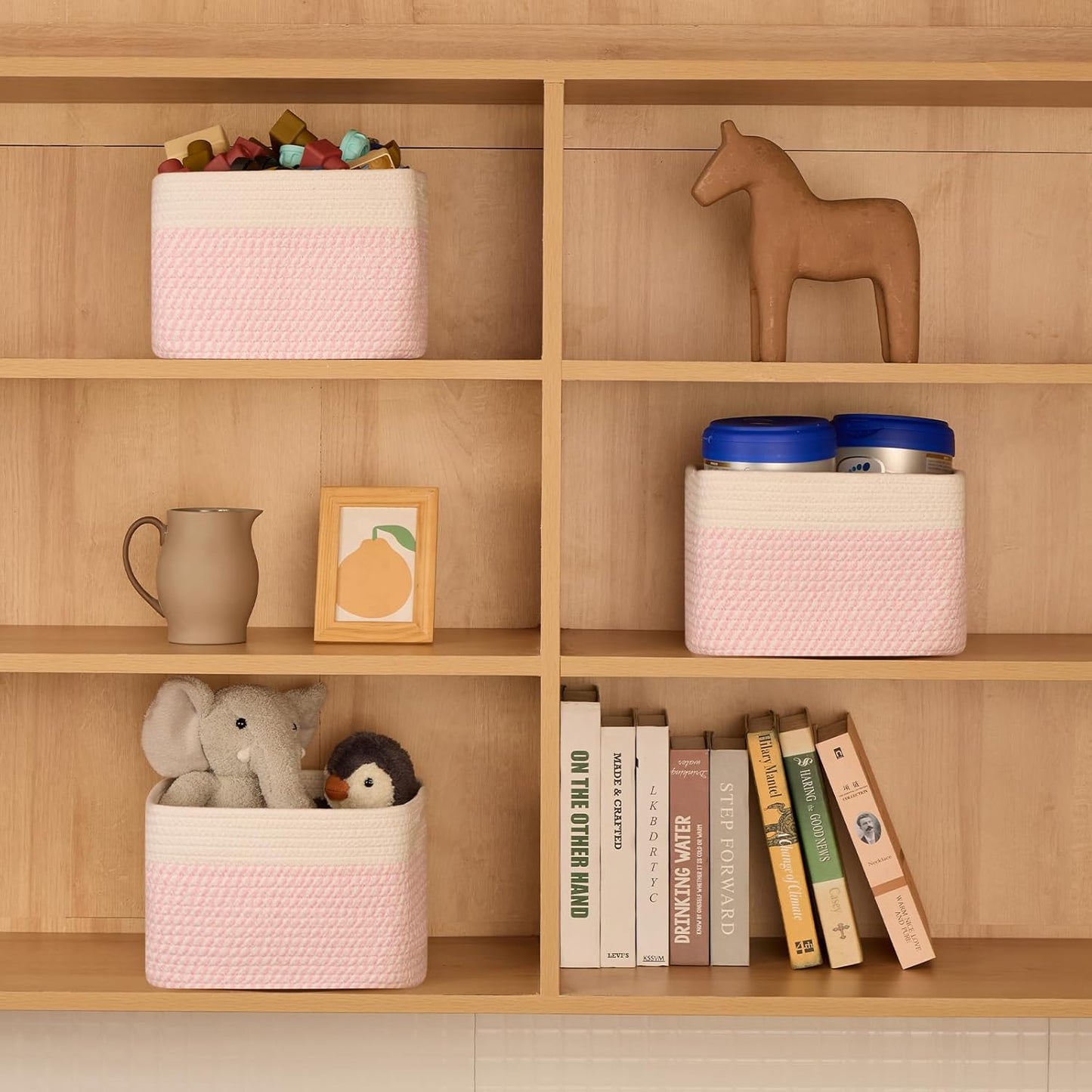 Small Organizing Baskets for Cubes Shelf, 9.7x9.7x7.1 Inch Rope Woven Storage Bins for Nursery Shelves Storage, Cute Toy Basket, Square 3 Packs Off White Pink