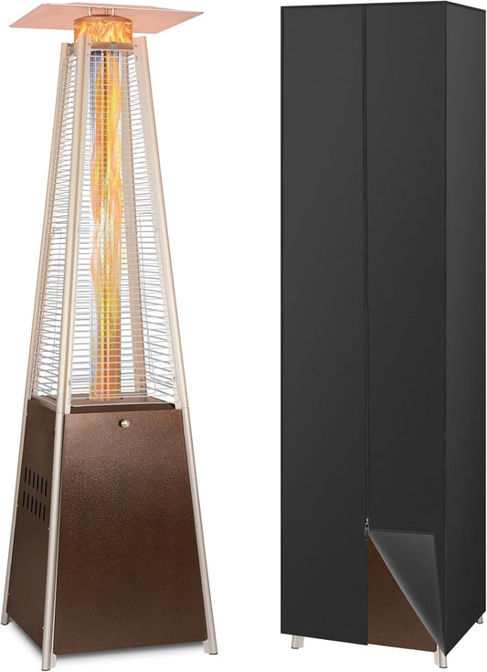 Hykolity Pyramid Patio Heater, 48000 BTU Glass Tube Propane Patio Heater with Wheels and Cover, Outdoor Propane Heaters for Patio, Backyard, Garden, Porch, and Pool, Bronze