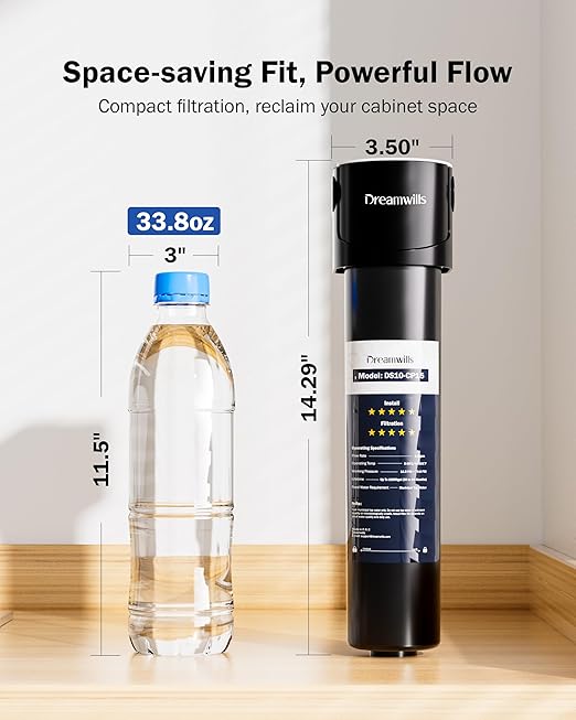Dreamwills DS15 Under Sink Water Filter System, 1.3 GPM Direct Connect Kitchen Faucet Filtration, 3-Minute Tool-Free Install, Reduces Lead, Chlorine, Bad Taste, Retains Minerals, 2 Years