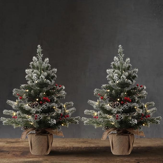 24 Inch 2 FT Pre-lit Snowy Mini Christmas Tree, DECSPAS Small Tabletop Flocked Christmas Tree with 20 LED Lights Red Berries Pine Cones and Cloth Bag Base Xmas Decorations for Holiday Party (Color B)