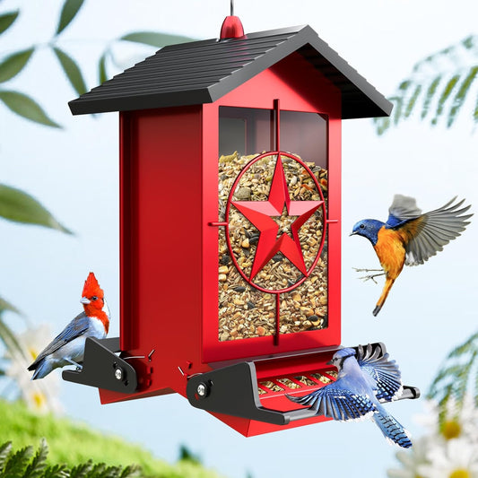 Squirrel Proof Bird Feeder for Outdoors Hanging, Metal Wild Bird Seed Feeder with Bilateral Weight-Activated Perches, 5LB Large Capacity Wild Bird Feeders for Outside Finch, Cardinal, Blue Jay