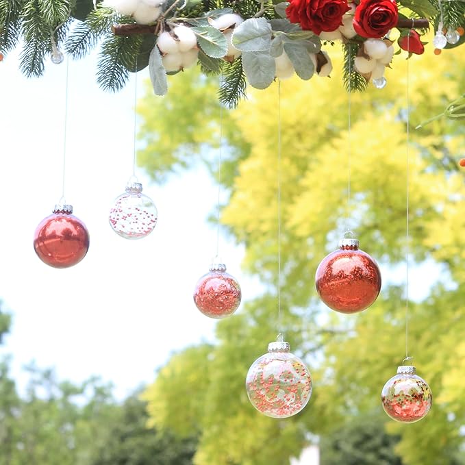 Sea Team Christmas Baubles Set of 48 Shatterproof Clear Plastic Christmas Baubles Multi-Size Decorative Baubles with Stuffed Delicate Decorations (48 Pieces, Red)
