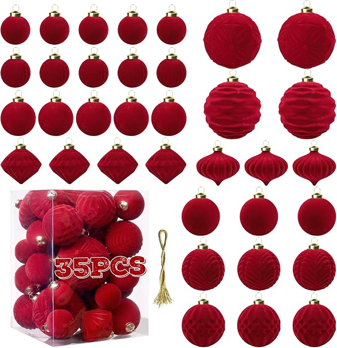 Velvet Ball Ornaments Christmas Balls Burgundy Red 35 PCS Xmas Tree Flocked Ball Ornaments Assortment for Party Garland Wreath Decor Baby Shower First Christmas Decorations