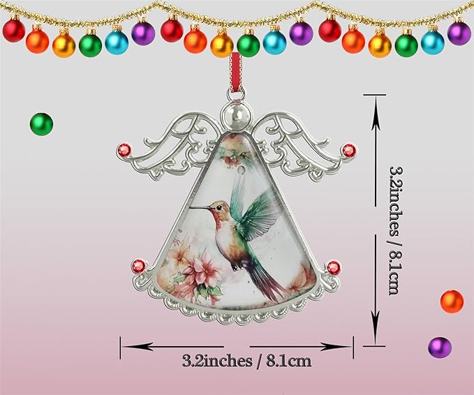 XUTAI Lovely Hummingbird and Pink Flowers Angel Christmas Tree Ornaments Pink Flower Christmas Ornament Glass Christmas Hanging Angel Glass Pendant for Holiday Decoration