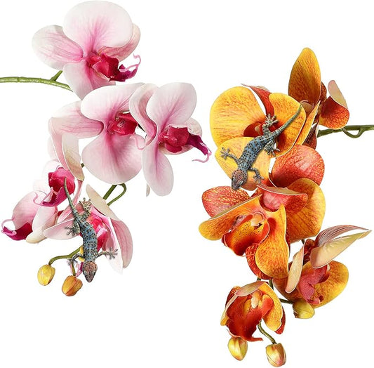 Chuangdi 2 Pieces Artificial Phalaenopsis with Suction Cups Terrarium Plant Decoration Reptile Habitat Plant Decor for Hermit Crab Lizards Geckos Snake Reptile (Purple, Yellow)