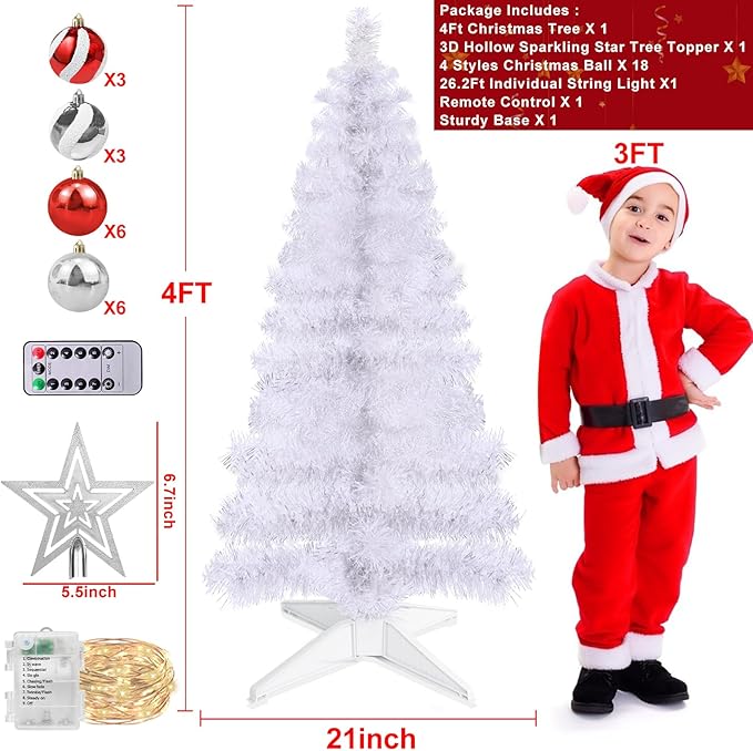 4 Ft Christmas Tree Remote Control 8 Modes Dual Color Change Timer 100 Warm White&Colored Lights 18 Christmas Ball Ornaments 3D Star Battery Operated Small Xmas Tree Table Indoor Holiday Party Decor