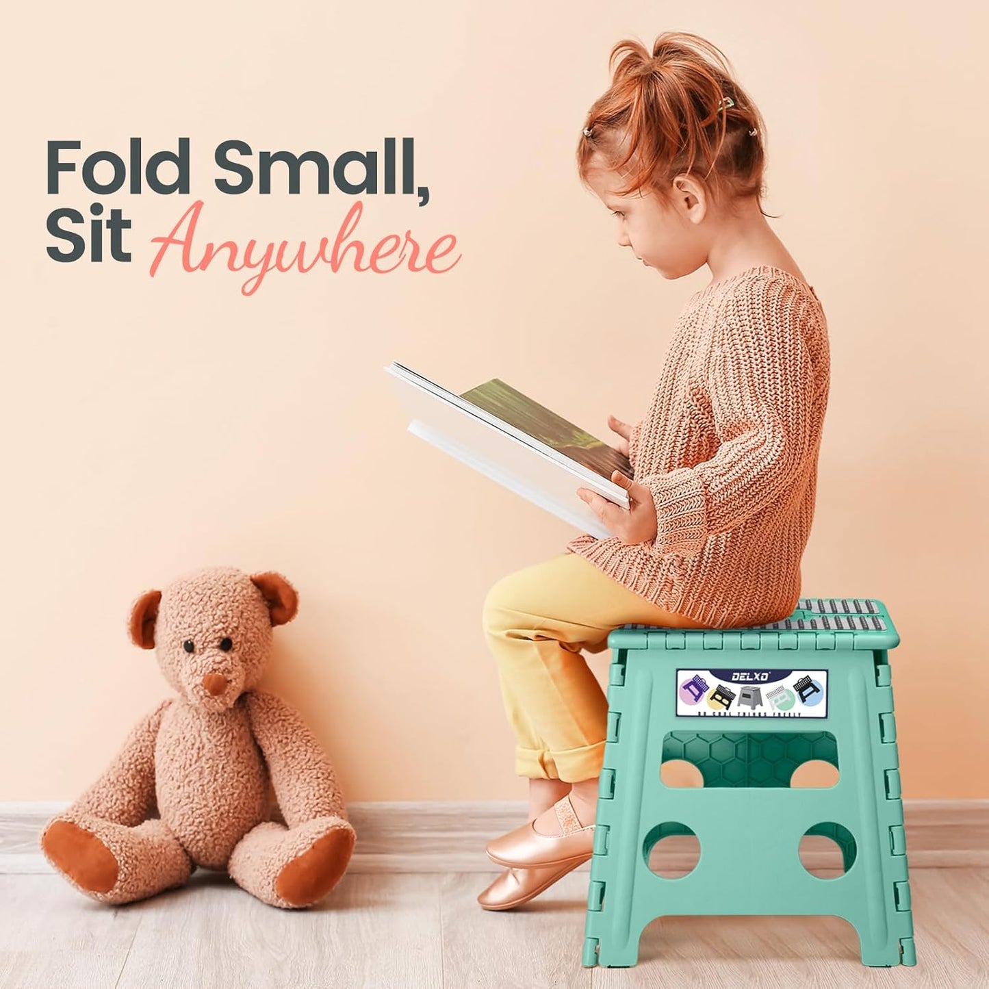 Delxo Folding Step Stool 13 Inch Non-Slip Foldable Stools for Kids & Adults Up to 300 LBS Kitchen Collapsible Fold Up Stepping Stool with Dotted 1 Pack Green