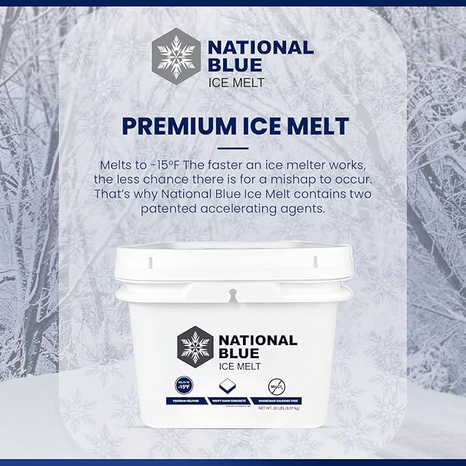 National Blue Snow Salt Ice Melt 20lb Bucket - Fast Acting Ice Melter - Pet, Plant and Concrete Friendly, Environmentally Safe - Free of Magnesium Chloride - Melts to -15°F
