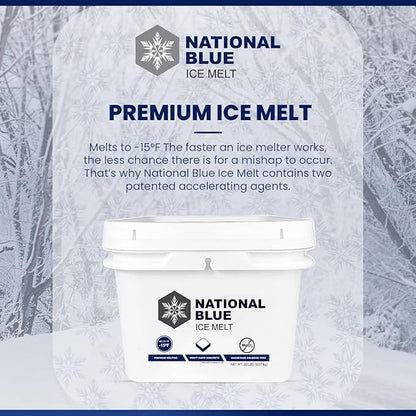 National Blue Snow Salt Ice Melt 20lb Bucket - Fast Acting Ice Melter - Pet, Plant and Concrete Friendly, Environmentally Safe - Free of Magnesium Chloride - Melts to -15°F