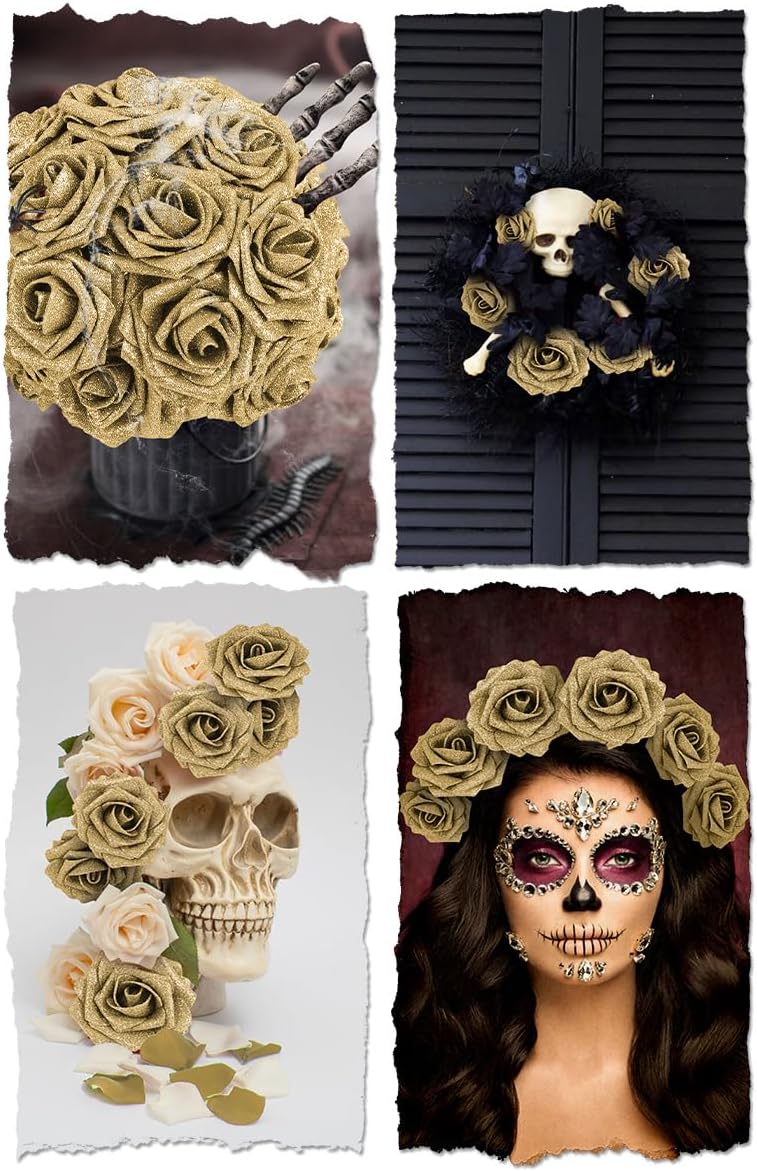 N&T NIETING Artificial Flowers Glowing Gold Flowers Foam 25pcs Glitter Roses Real Looking Fake Roses with Stem for DIY Wedding Bouquets Centerpieces Bridal Shower Party Home Decorations