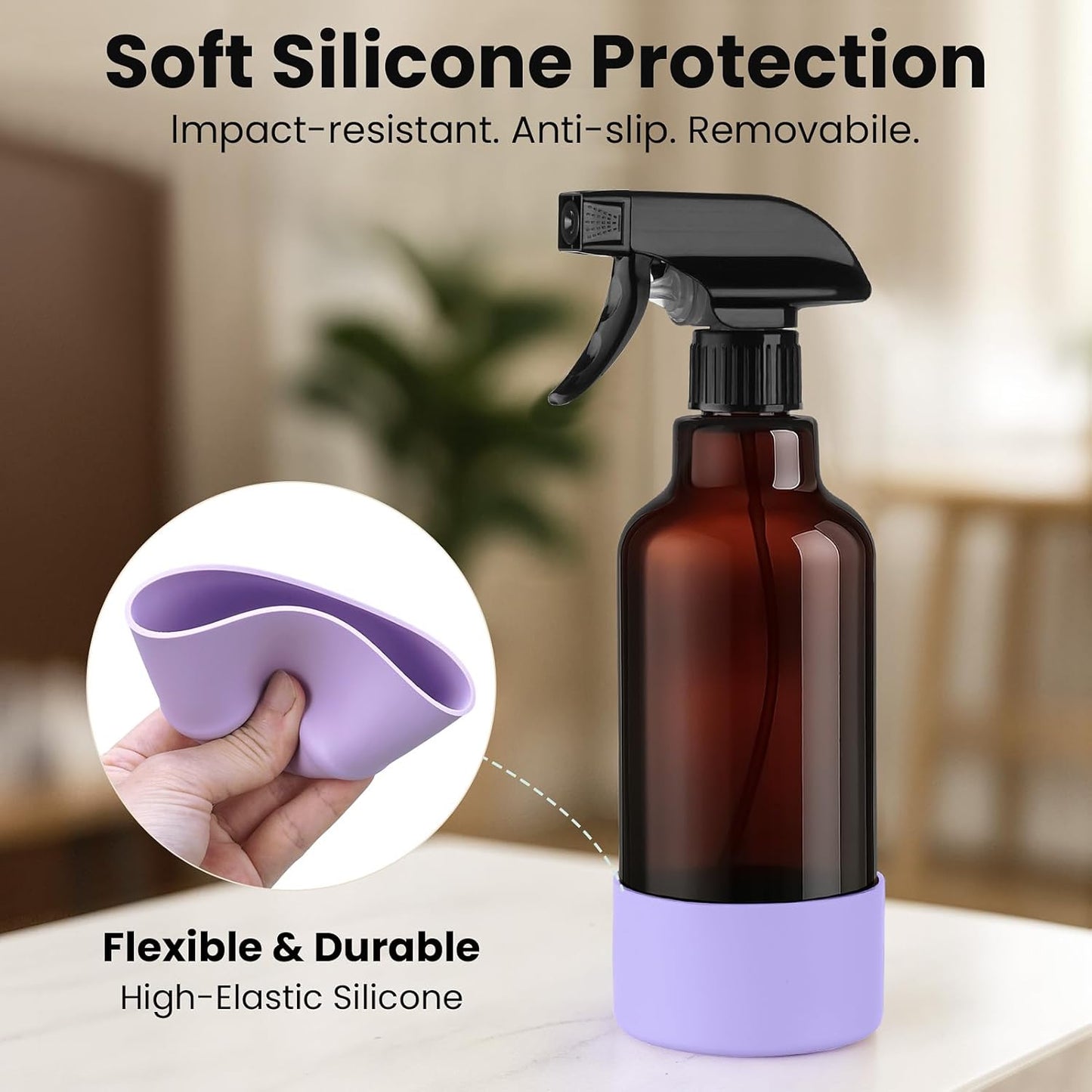Glass Spray Bottles with Silicone Sleeve 16.9oz 2 Pack Empty Spray Bottle for Hair Mist/Stream Spraying for Cleaning Solutions, Plants, Essential Oils (Brown-qblue&purple)