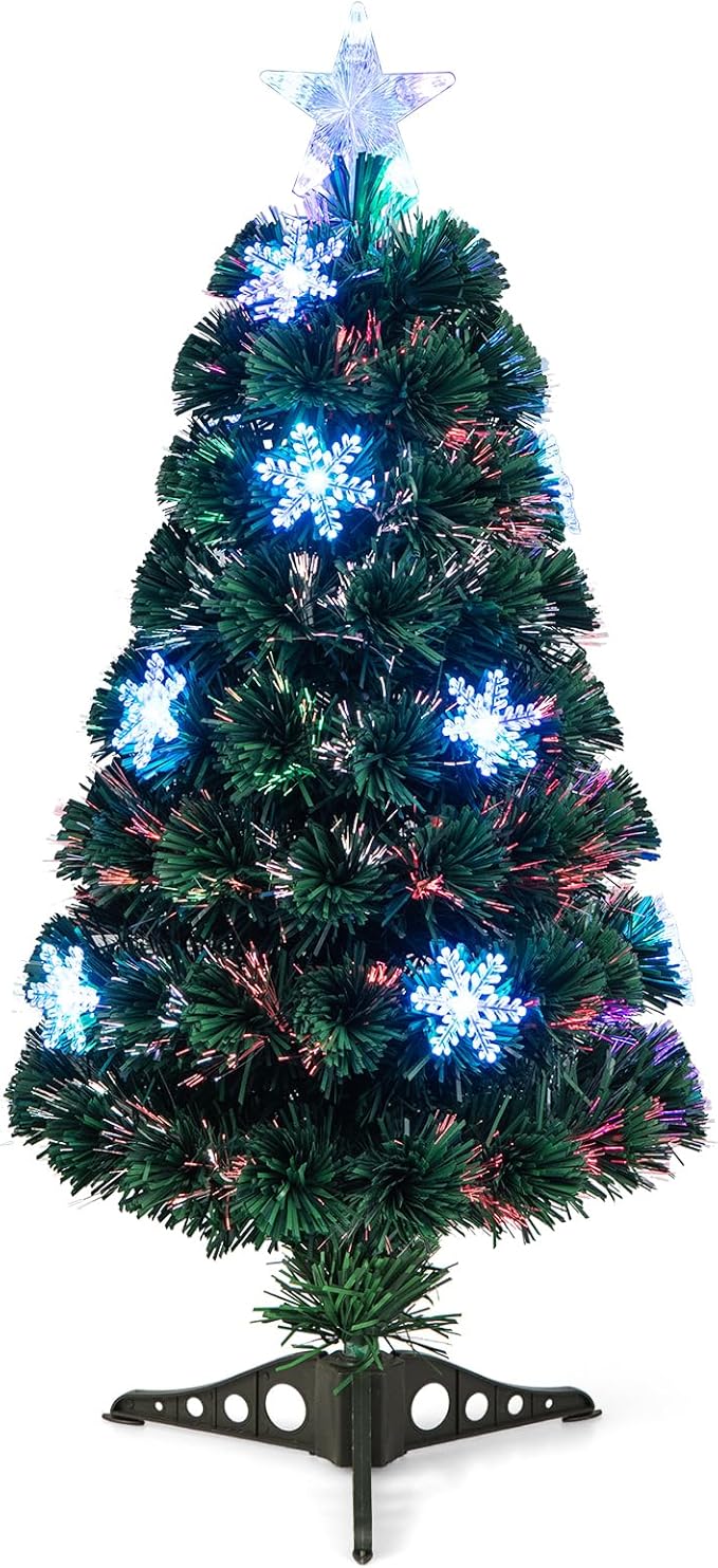 Goplus 3ft Pre-Lit Fiber Optic Christmas Tree for Tabletop, Small Mini Artificial Xmas Full Tree with Colorful Snowflake LED Lights, 85 Branch Tips, for Office Home Holiday Decor