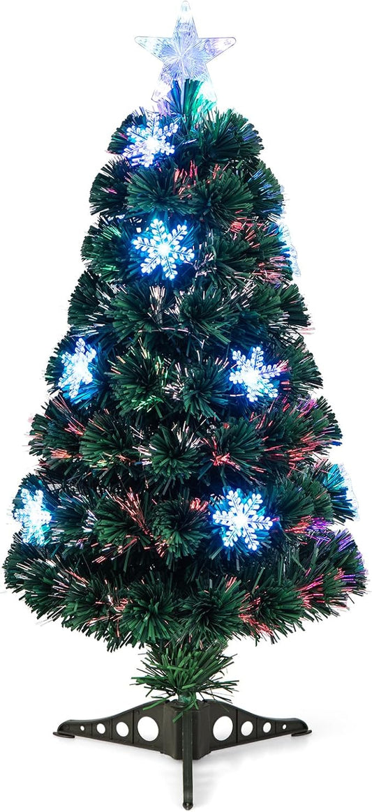 Goplus 3ft Pre-Lit Fiber Optic Christmas Tree for Tabletop, Small Mini Artificial Xmas Full Tree with Colorful Snowflake LED Lights, 85 Branch Tips, for Office Home Holiday Decor