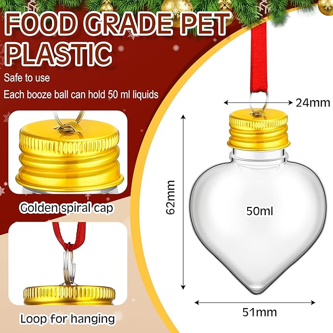 Patelai 18 Pcs Christmas Drink Balls Clear Shot Glass Ornaments Xmas Tree Fillable Ornaments Plastic Xmas Water Bottle Bulbs for Holiday Party Decorations(Heart,50 ml)