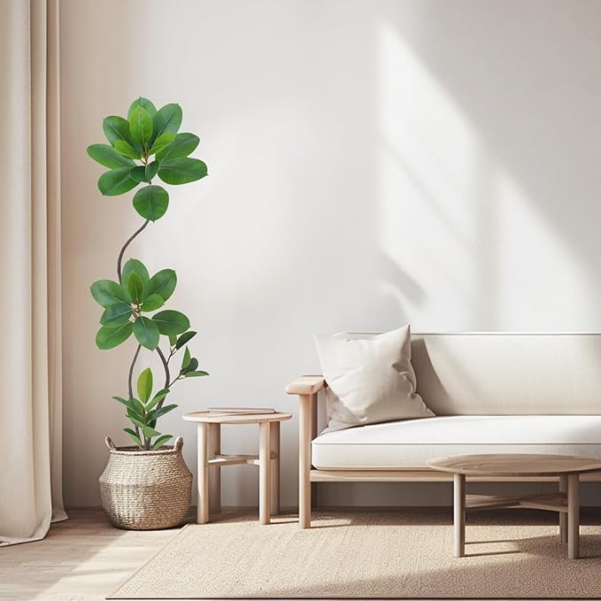 Artificial Rubber Tree Plant, 5.3ft Tall Black with Round Planter, All Season Home Decor (Green,5.3ft)