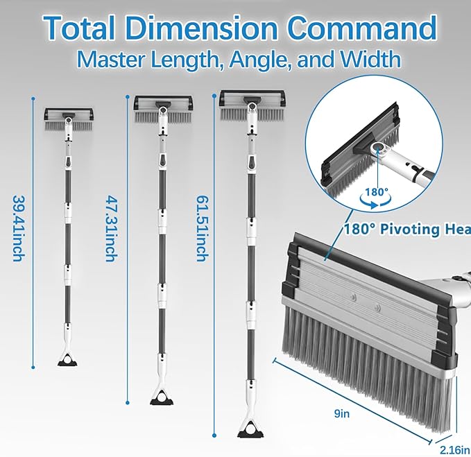 61.5" Ice Scrapers for Car Windshield, 2 in 1 Snow Brush for Car and Ice Scraper, Extendable Snow Brush for Car Windshield with Foam Grip and 180° Pivoting Brush Head for Car Automobile Vehicle Window