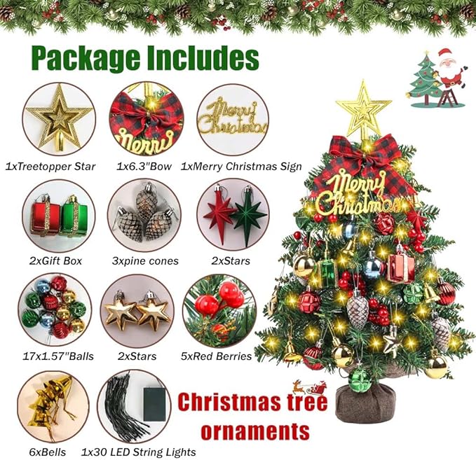 SVNVIOZ 2FT Small Tabletop Mini Artificial Christmas Tree with Lights, Red Green Ornaments - Xmas Tree for Holiday Home Decoration