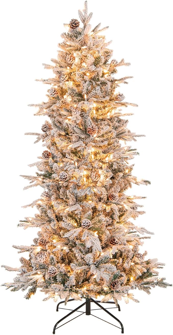 Goplus 6ft Pre-Lit Snow Flocked Christmas Tree, Artificial Hinged Xmas Tree with 210 Warm-White Incandescent Lights, 715 Branch Tips, Natural Pinecones, Metal Stand, for Holiday Office Home Decor