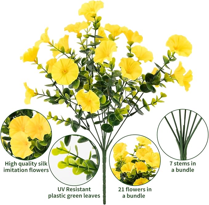 Lnoicy Artificial Flowers for Outdoor 12 Bundles Eucalyptus Fake Flowers for Planter,UV Resistant Fake Morning Glory for Home/Porch/Garden Decoration（Yellow）
