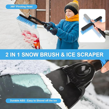Yougfin 2 in 1 Extendable Snow Brush with Ice Scraper for Car Windshield, 33 Inch Car Window Scraper & Foam Snow Removal Brush for SUV, Heavy Duty Snow Cleaner for Truck Van, 360° Pivoting Head