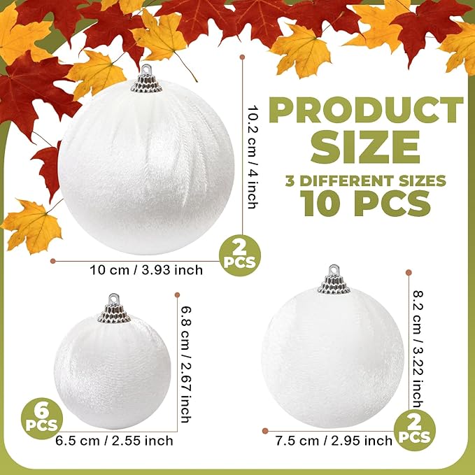 Woration 10pcs Christmas Balls Ornaments Set Velvet Wrapped Plastic Ball Hanging Decoration 3 Size for Xmas Tree Festival Home Wedding Holiday Party Decor - White