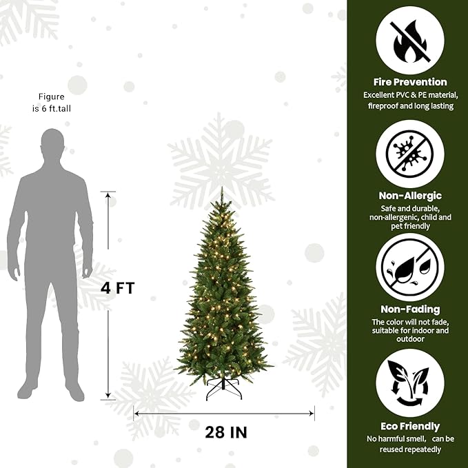 4ft Pre-Lit Artificial Pencil Green Christmas Tree with Warm White 150 LED Lights, Hinged Realistic Slim Xmas Tree w/Sturdy Metal Stand, 424 Tips for Home, Office, Party Decoration Indoor