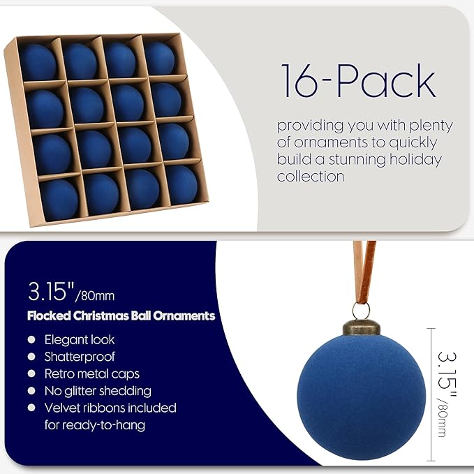 Sea Team 16-Pack Flocked Velvet Christmas Tree Ball Ornaments Set, Hanging Velour Baubles, Shatterproof Plastic Decorations for Xmas Tree, Wreath, Garland, 80mm/3.15 Inches, Royal Blue