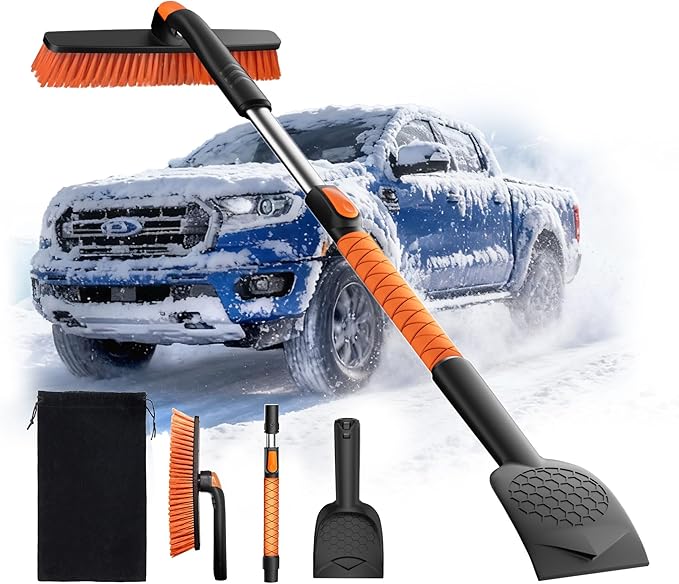 45" Extendable Snow Brush and Ice Scrapers for Car Windshield [360° Rotating Snow Brush Head] Military-Grade Sturdy Ice Scraper for Sedans, SUVs and Trucks Easy Storage Orange