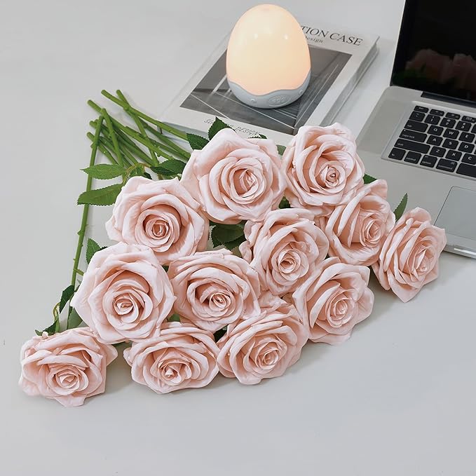 50Pcs Blush Roses Artificial Flowers Artificial Silk Roses Bulk,Fake Roses Flower with Stems Realistic Flowers for Wedding Centerpiece Home Party Decor