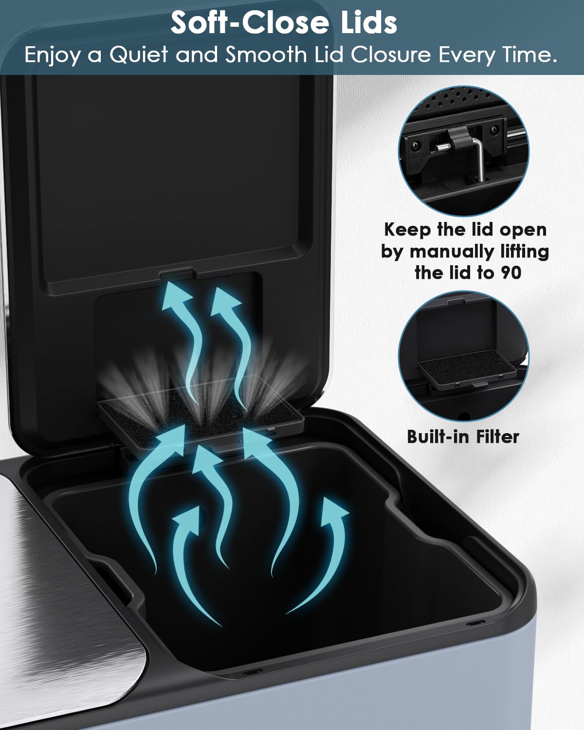 Arlopu 16Gal Dual Trash Can w/2 Built-in Box for Odor Control, Hands-Free Kitchen Garbage Bin, Recycle Waste Dustbin, Soft-Close Lid, 2 Buckets,Foot Pedal, Side Handle, Airtight,for Home Office